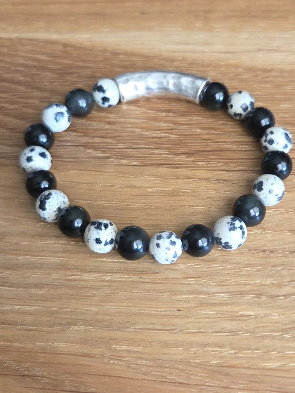 Dalmatian Jasper and Rainbow Obsidian Beaded Stretch Bracelet | Handmade